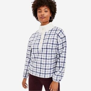 LOFT Plaid Rib Trim Sherpa Pullover, blue and white, size L